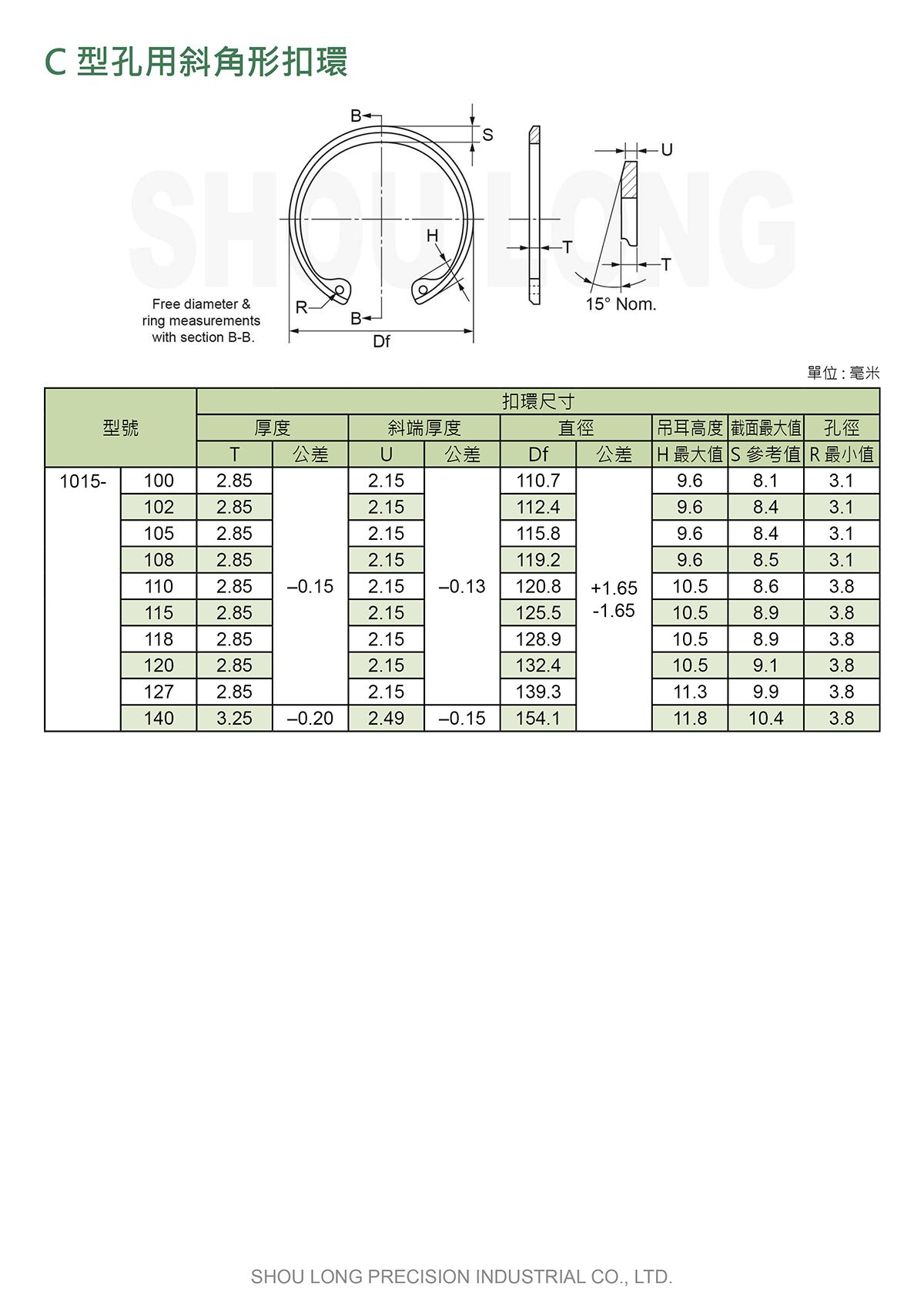 C型孔用斜角形扣環DIN (公制) 規格表 2