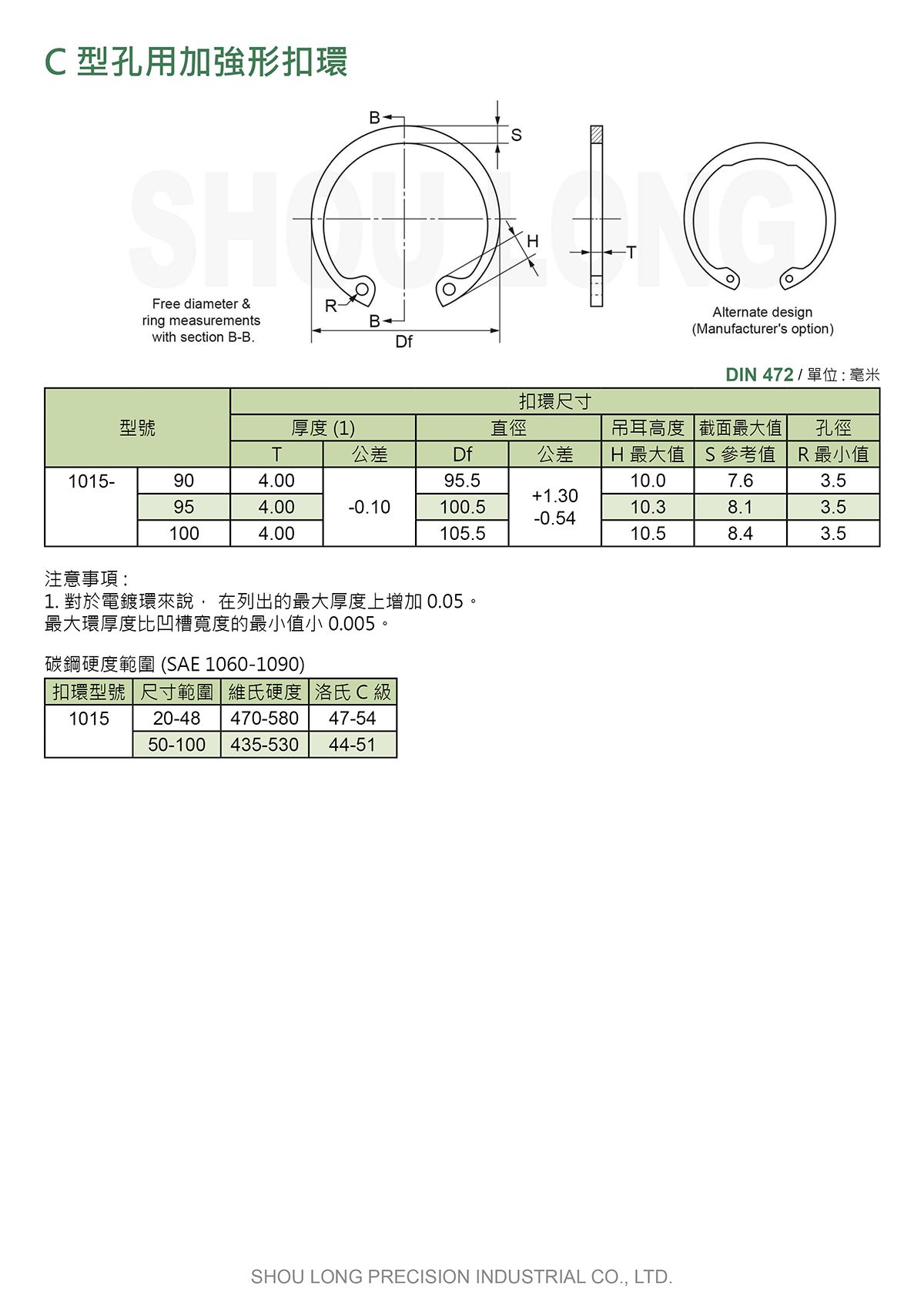 C型孔用加强形扣环DIN 472 (公制) 规格表 2