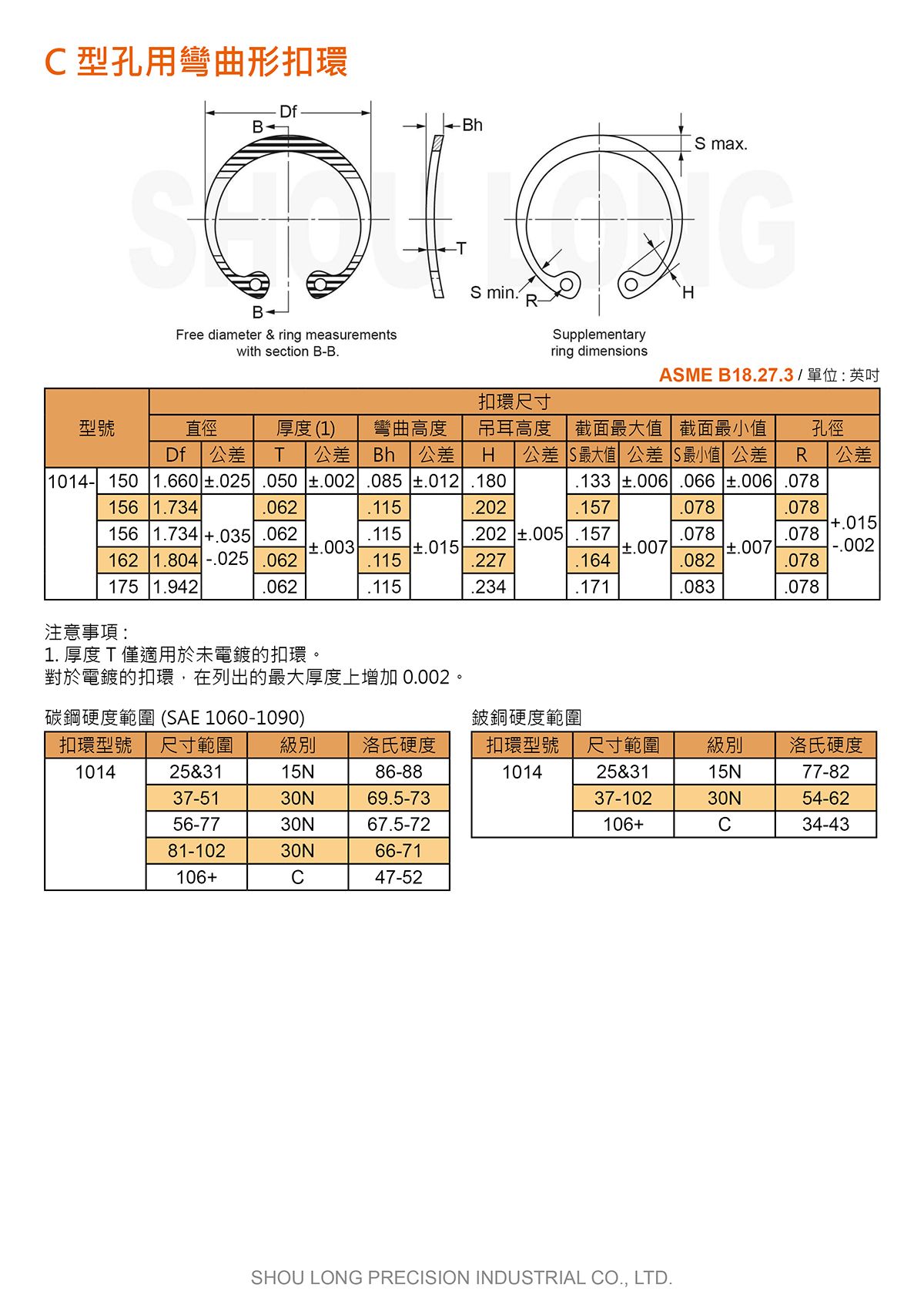 C型孔用彎曲形扣環ASME/ANSI B18.27.3 (英制) 規格表 2