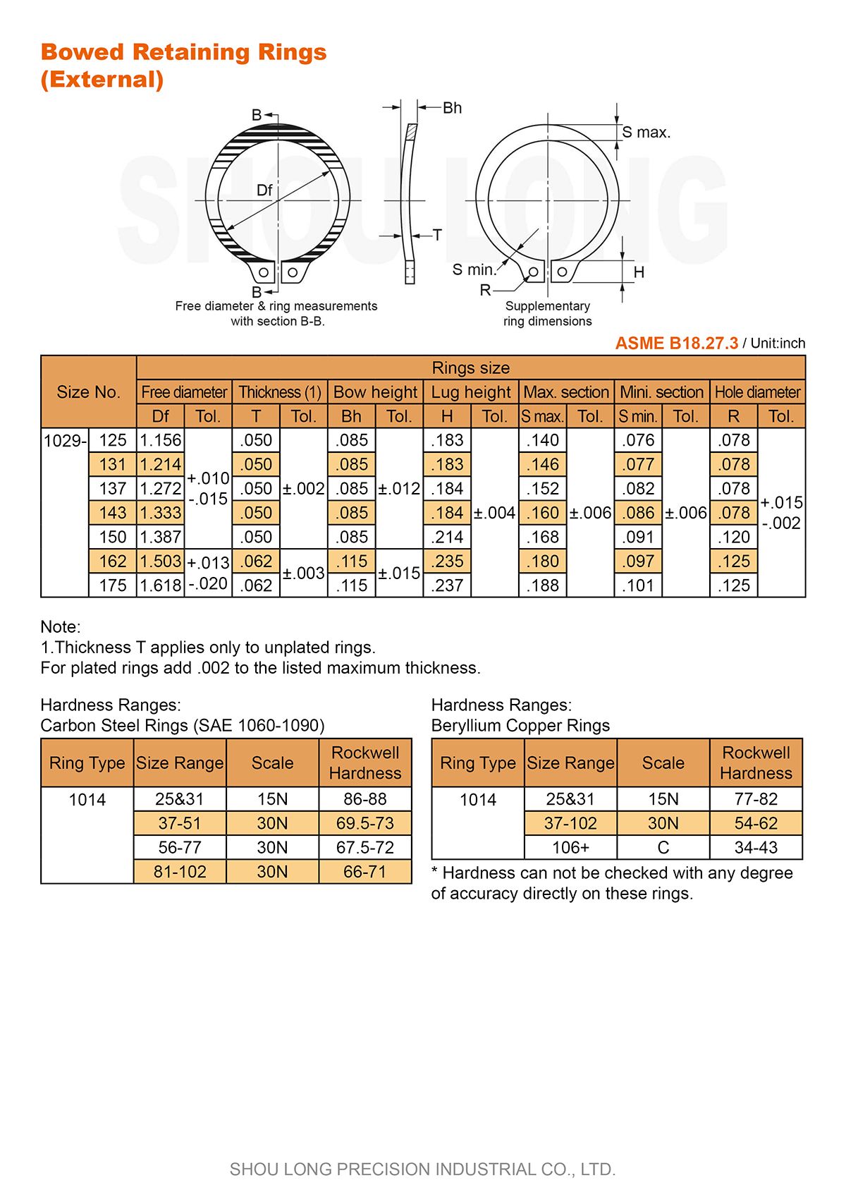 Spec of Inch Bowed Retaining Rings for Shaft ASME/ANSI B18.27.3-2
