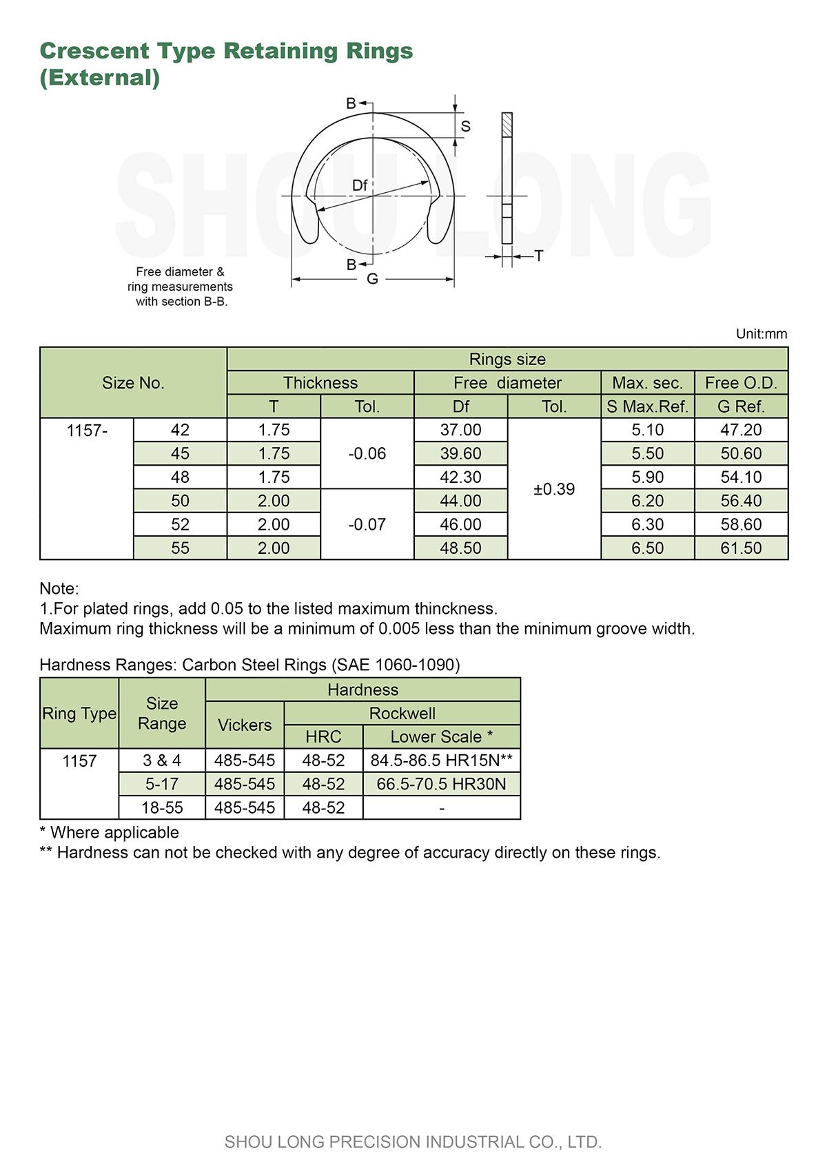 Spec of Metric Crescent Type Retaining Rings for Shaft - 2