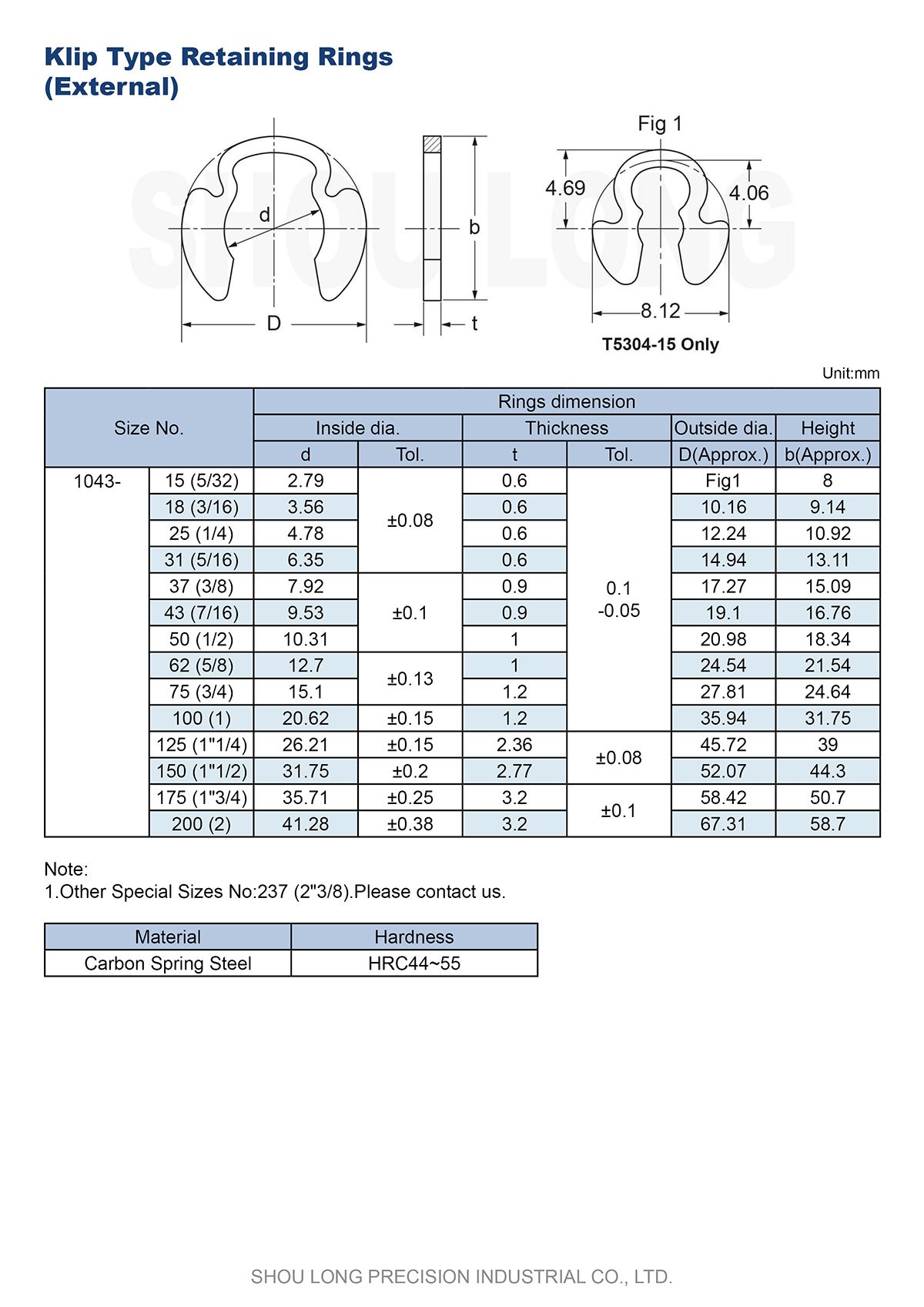 Spec of JIS Metric Klip Type Retaining Rings for Shaft