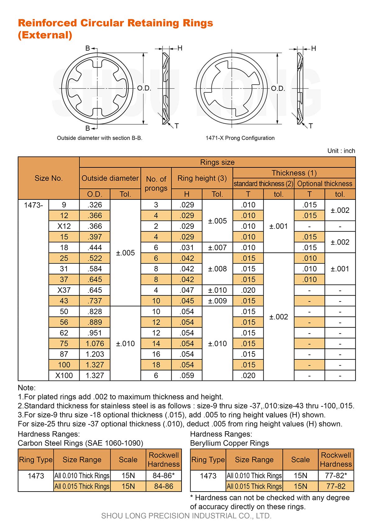 Spec of Inch Reinforced Circular Retaining Rings for Shaft
