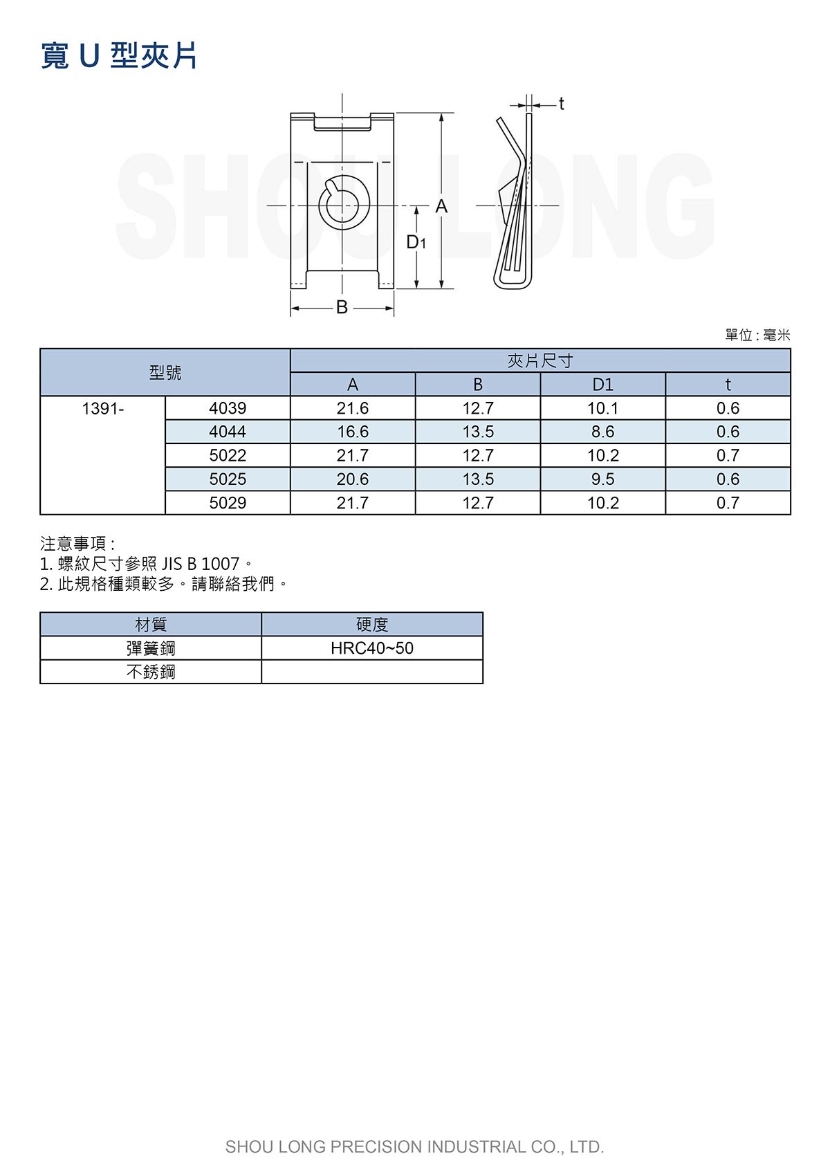 宽U型夹片JIS (公制) 规格表